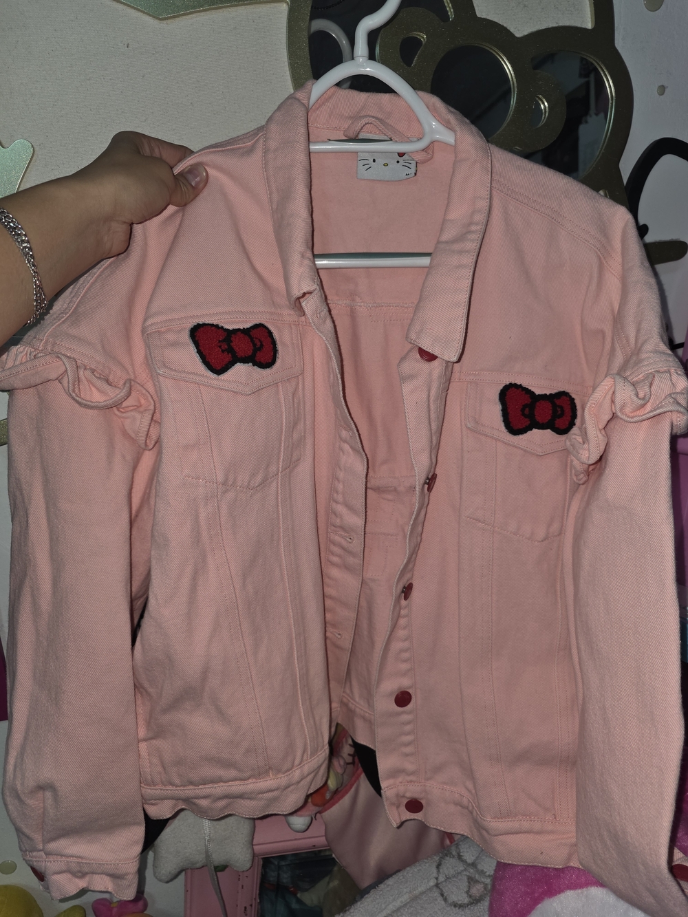 Lazy Oaf Pink Denim Jacket with Red Bow Patches